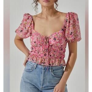 ASTR the Label Shirred Puff Sleeve Babydoll Top Sz L Feminine Pink Girly